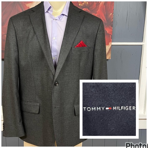 Tommy Hilfiger Blazer Sport Coat Mens 48R Polyester Stretch Dark Gray Jersey